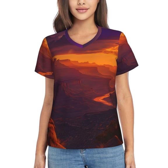 Xecao Sunset Valley Western Cowboy for Women's V-Neck T-Shirts-Elegant Half-Sleeve Tops Perfect for Summer-Small