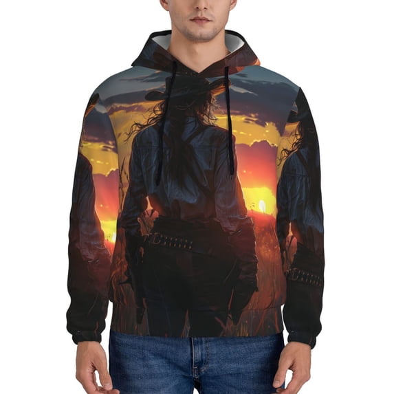 Xecao Sunset Western Cowgirl Pattern Men's Adult Pullover Hoodie,Hooded Sweatshirt-XX-Large