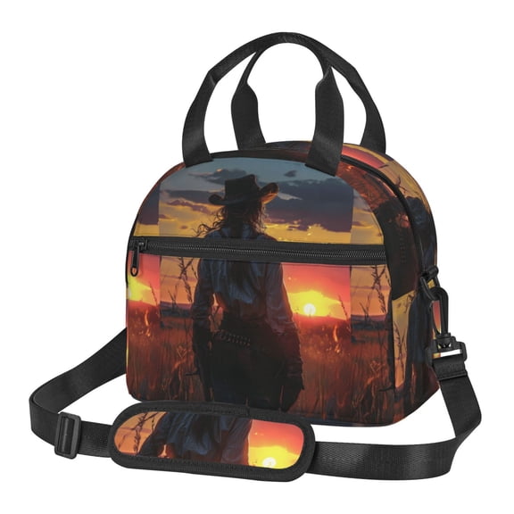Xecao Sunset Western Cowgirl Print Insulated Lunch Box, Lunch Cags Lunch Bag Featuring An Adjustable Shoulder Strap