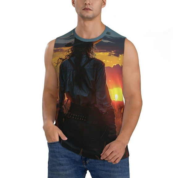 Xecao Sunset Western Cowgirl Print Men's Tank Top: Sleek Sleeveless Tee for Casual Sports and Beach Occasions-Small