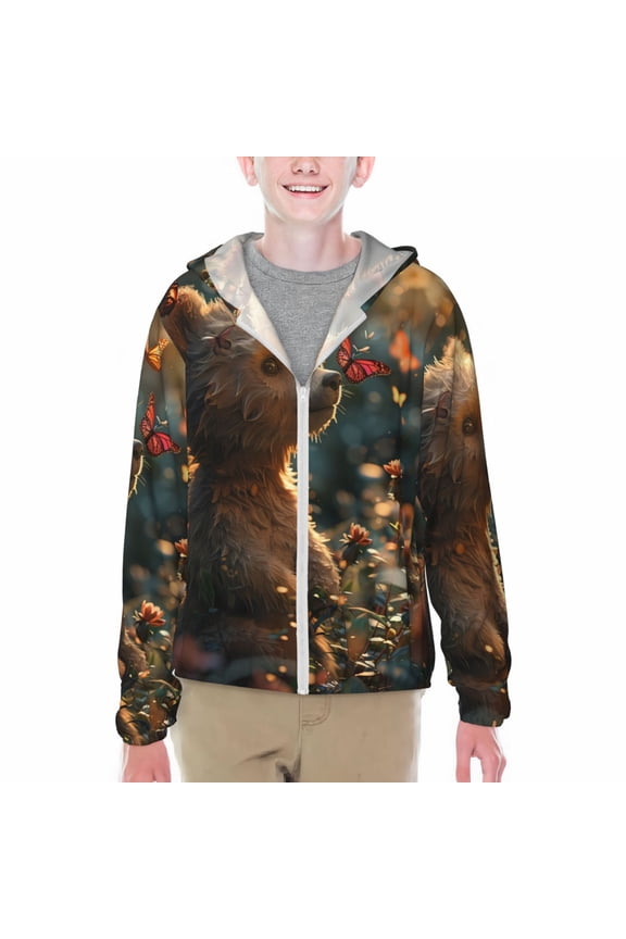 Sunshine Butterfly Flower Bear Print Fishing Shirts for teenager Long Sleeve UV Sun Protection Hoodie with Zipper Outdoor Hiking Shirts-Large