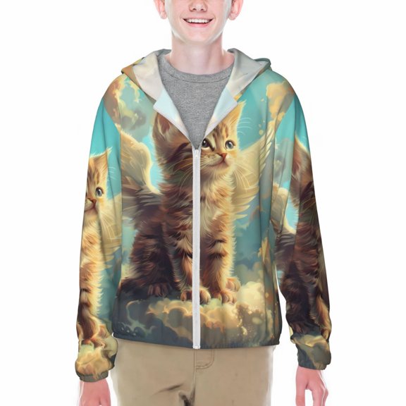 Xecao Sunshine Cloud Cute Cat Print Fishing Shirts for teenager Long Sleeve UV Sun Protection Hoodie with Zipper Outdoor Hiking Shirts-XX-Large