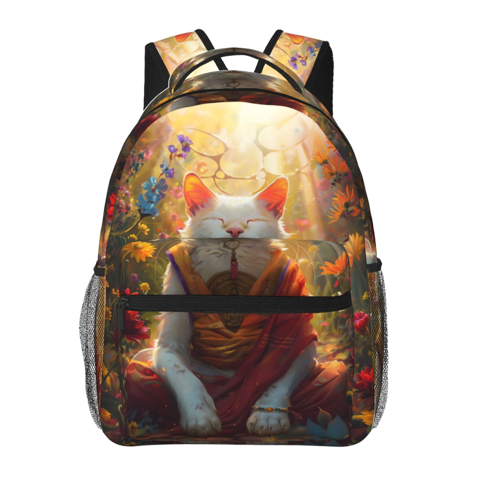 Xecao Sunshine Flower Meditating Cat Backpack, a stylish and functional choice for both men and women, is the perfect basic bookbag for college, work, or travel