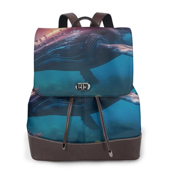 Xecao Sunshine Ocean Whale Print Large Backpack Soft Leather for Women Travel with Compartment, Adjustable Convertible Strap