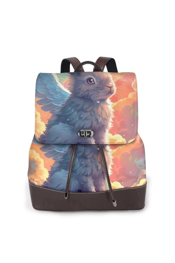 Sunshine Winged Rabbit Print Large Backpack Soft Leather for Women Travel with Compartment, Adjustable Convertible Strap