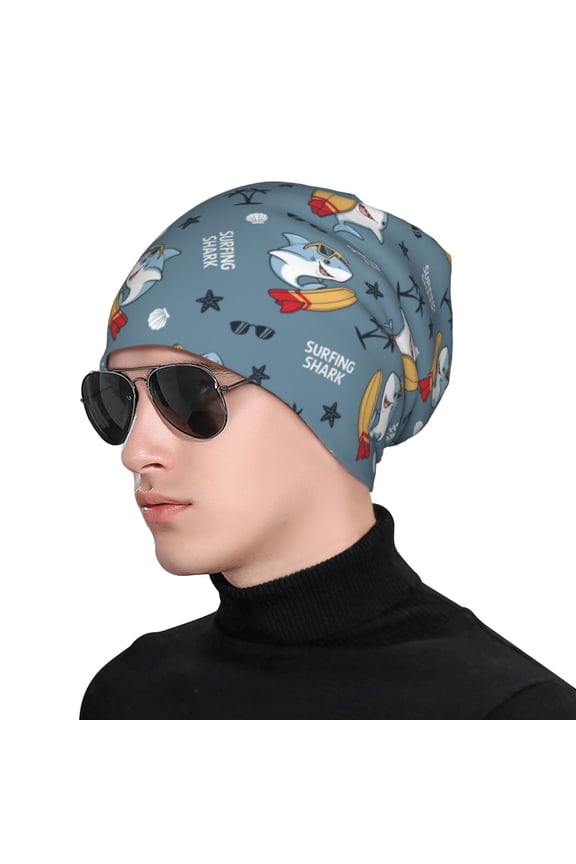 Surf Shark Print Beanie Knitted Hat for Men Women, Winter Fashion Knit Cuffed Caps Unisex