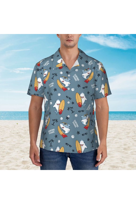 Surf Shark print Hawaiian shirt - a stylish short-sleeve button-down for men, perfect for casual beach and tropical outings.
