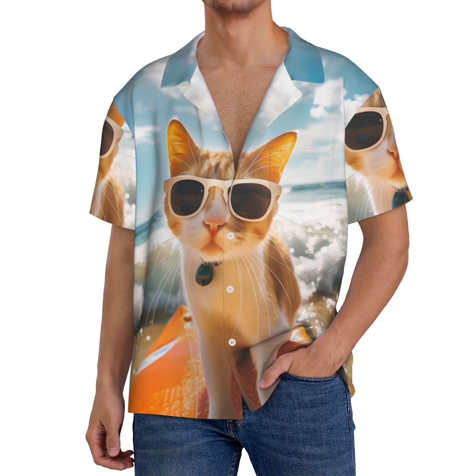 Xecao Surfing Cat Sun Men's Casual Short-sleeved Shirt, a button-up collared shirt with a pocket-Large