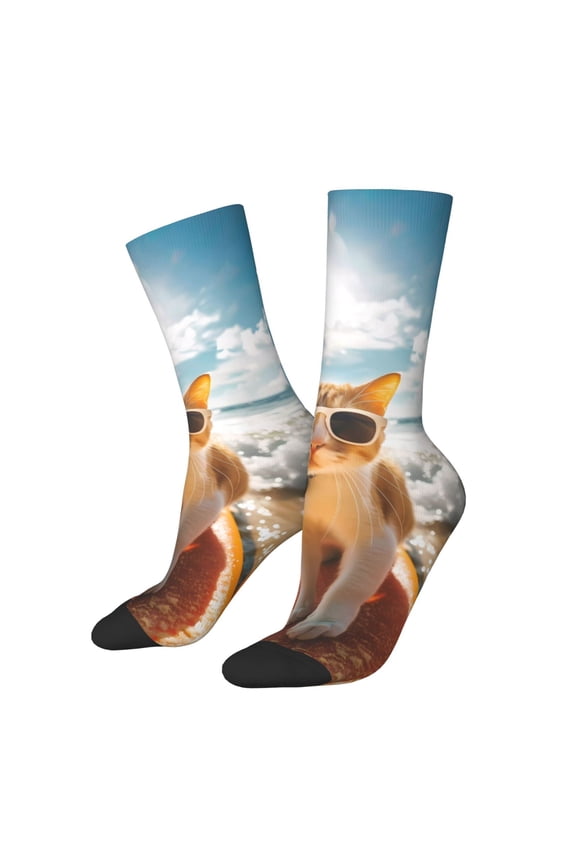 Surfing Cat Sun Pattern Sport Socks for Women and Men Crew Socks Sporty Calf Socks Casual Socks
