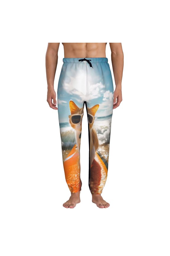 Surfing Cat Sun Print Active Tech Joggers for Men, Mens Sweatpants Lounge Pants with Pockets-X-Large