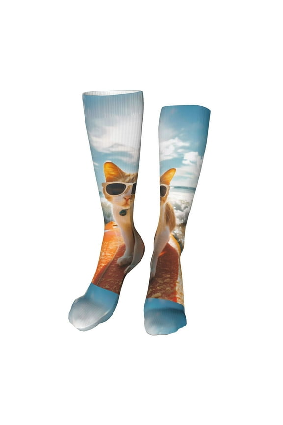 Surfing Cat Sun Print Calf Socks Seamless Toe, Knee High Long Socks, Sports Socks Trouser Socks for Women and Men-One Size