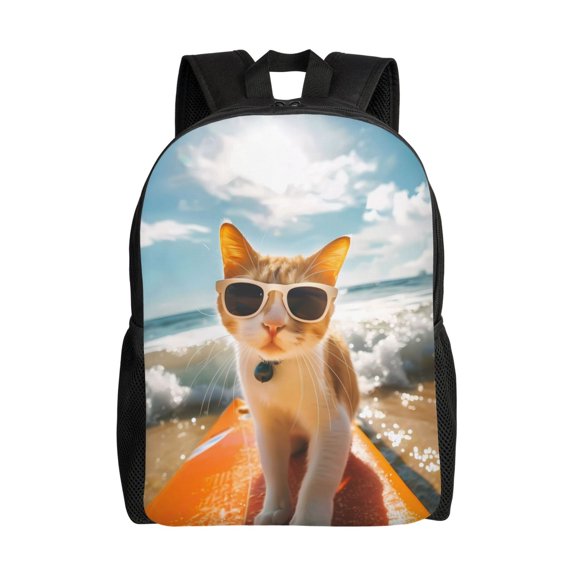 Xecao Surfing Cat Sun Print School Backpack with Laptop Compartment Small Travel Laptop Backpack for Women Men Waterproof College Backpack Simple School Bag