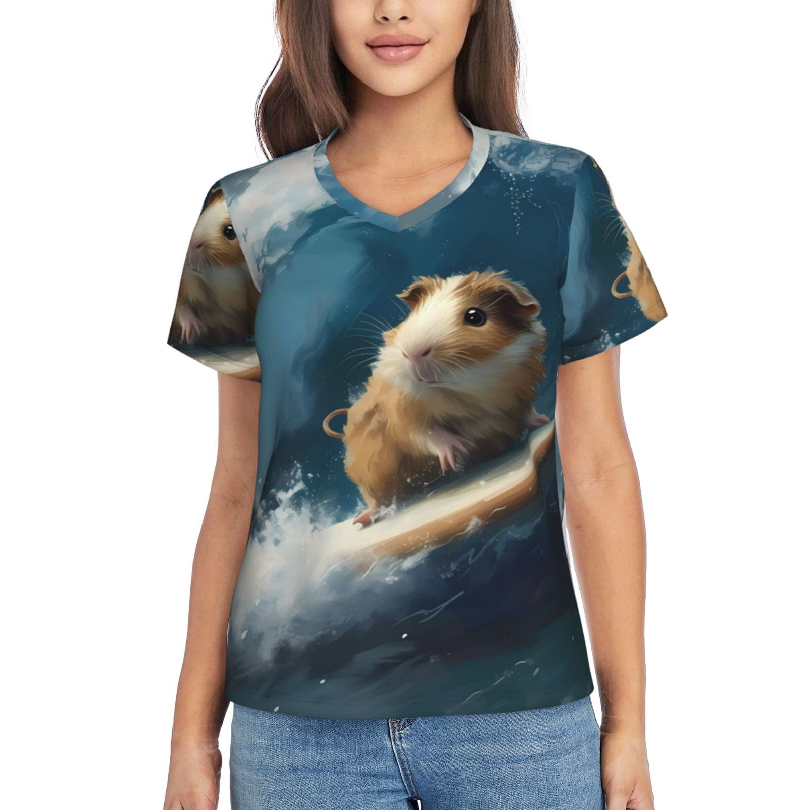 Xecao Surfing Guinea Pig for Women's V-Neck T-Shirts-Elegant Half-Sleeve Tops Perfect for Summer-Small