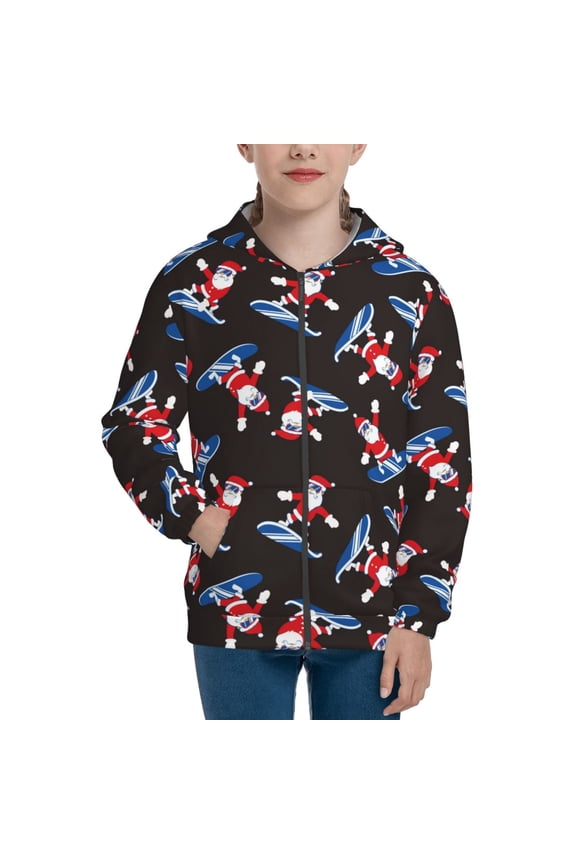 Surfing Santa Pattern Zip Up Hoodies for Boys Girls, Sweatshirt with Pockets-Medium