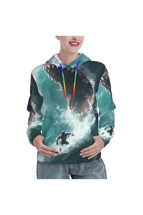 Surfing Shark Pattern Hoodies for Women Sweatshirts Long Sleeve Sweatshirts Pullover Outfits with Pocket-Small