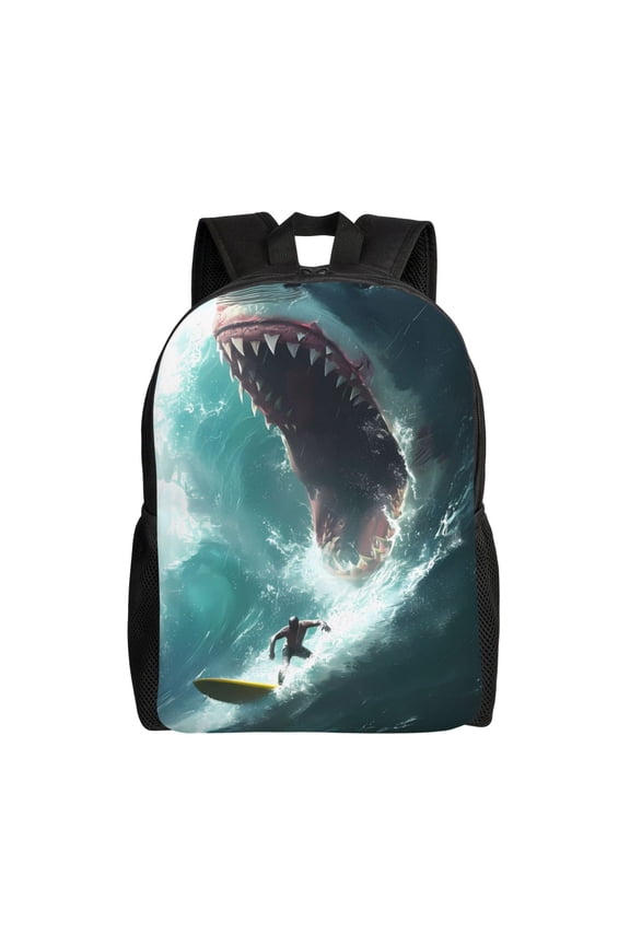 Surfing Shark Print School Backpack with Laptop Compartment Small Travel Laptop Backpack for Women Men Waterproof College Backpack Simple School Bag
