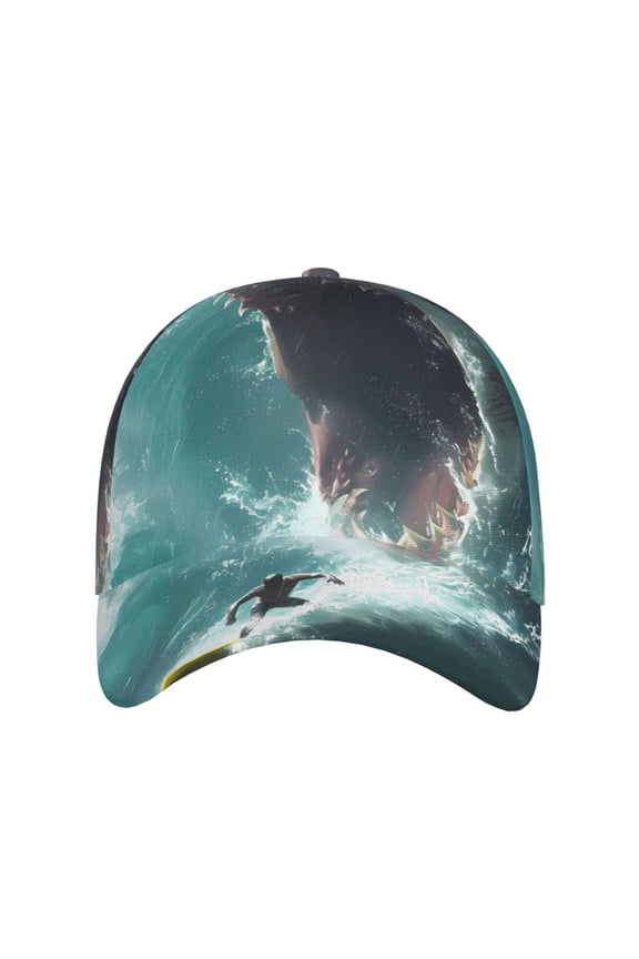 Surfing Shark for Baseball Cap: Unisex, crafted from classic polyester twill fabric, featuring a soft unconstructed design