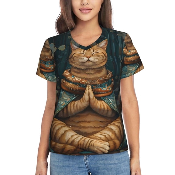 Xecao Surreal Meditating Cat for Women's V-Neck T-Shirts-Elegant Half-Sleeve Tops Perfect for Summer-Medium