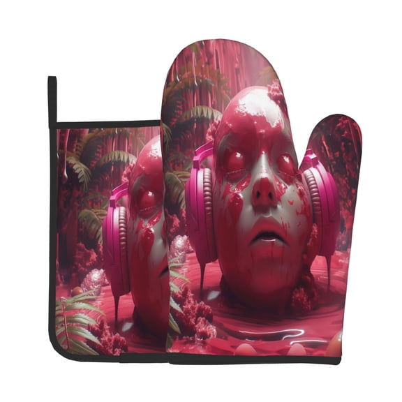 Xecao Surreal Pink Headphones Pattern Oven Mitts and Pot Holders Sets Heat Resistant Silicone Oven Mittens Extra Thicken Long Kitchen Cotton Oven Glove for Cooking