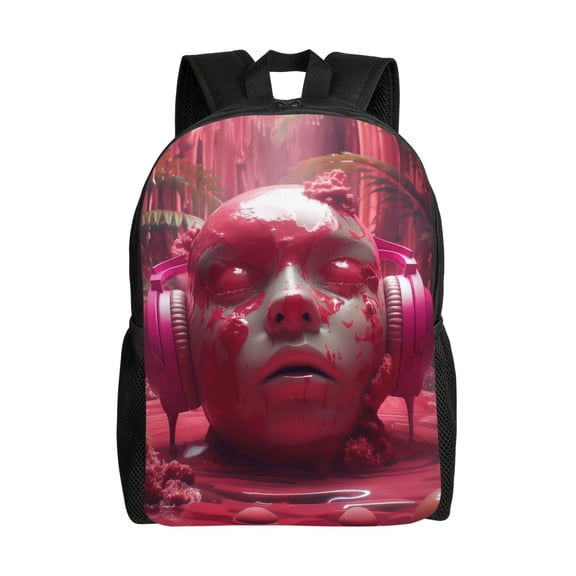 Xecao Surreal Pink Headphones Print School Backpack with Laptop Compartment Small Travel Laptop Backpack for Women Men Waterproof College Backpack Simple School Bag