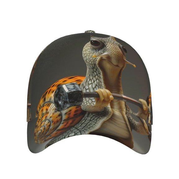 Xecao Surreal Weightlifting Snail for Baseball Cap: Unisex, crafted from classic polyester twill fabric, featuring a soft unconstructed design