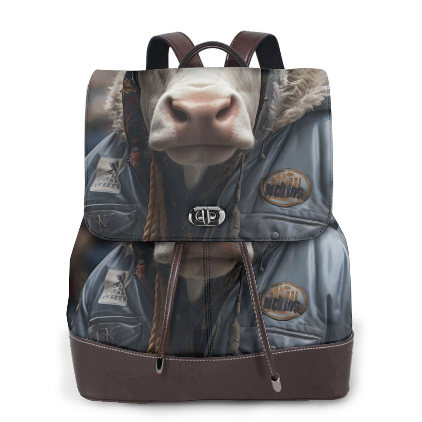 Xecao Surrealist Cow Print Large Backpack Soft Leather for Women Travel with Compartment, Adjustable Convertible Strap