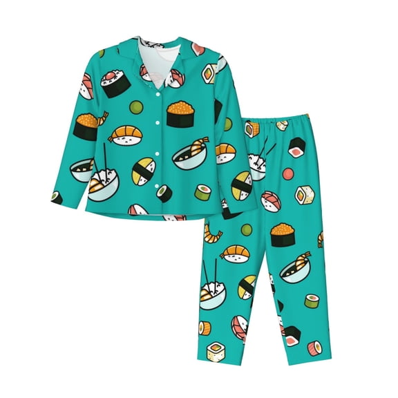 Xecao Sushi Print Women Pajamas Set Soft Sleepwear Pjs long Sleeve Button Down Nightwear with Long Pants