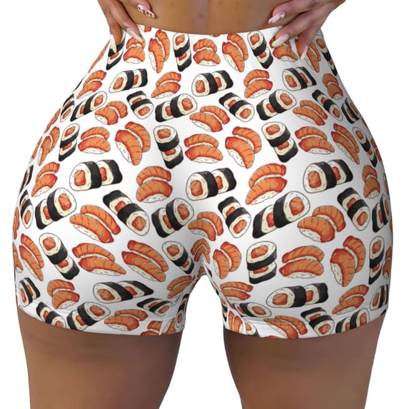 Xecao Sushi Roll Print Workout Shorts for Women Soft Smooth Gym Yoga Scrunch Active Tennis Workout Running Shorts