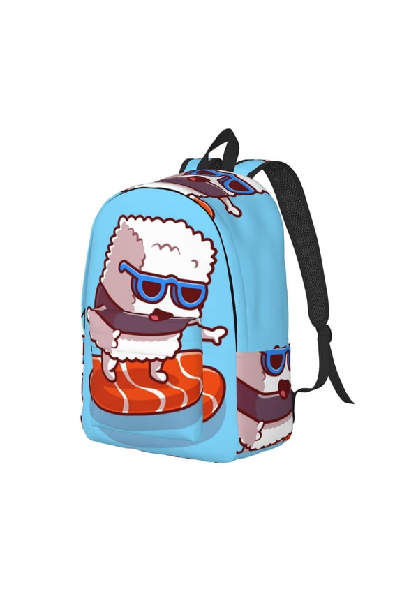 Sushi Salmon Surfing Canvas College Laptop Backpack, a durable rucksack designed for both men and women, ideal for travel, school, and daily use-Small