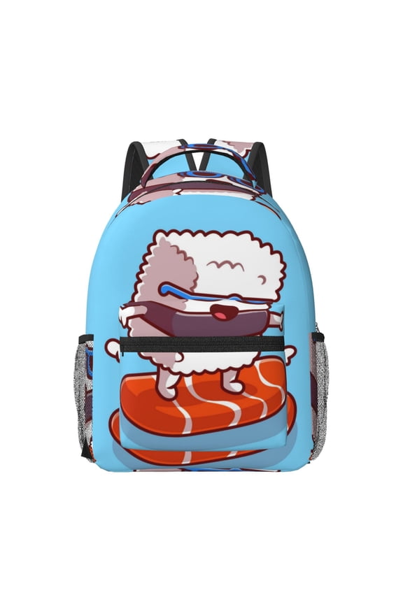 Sushi Salmon Surfing Travel Backpack: A spacious, stylish computer backpack ideal for men and women, perfect for college, school, or daily travels