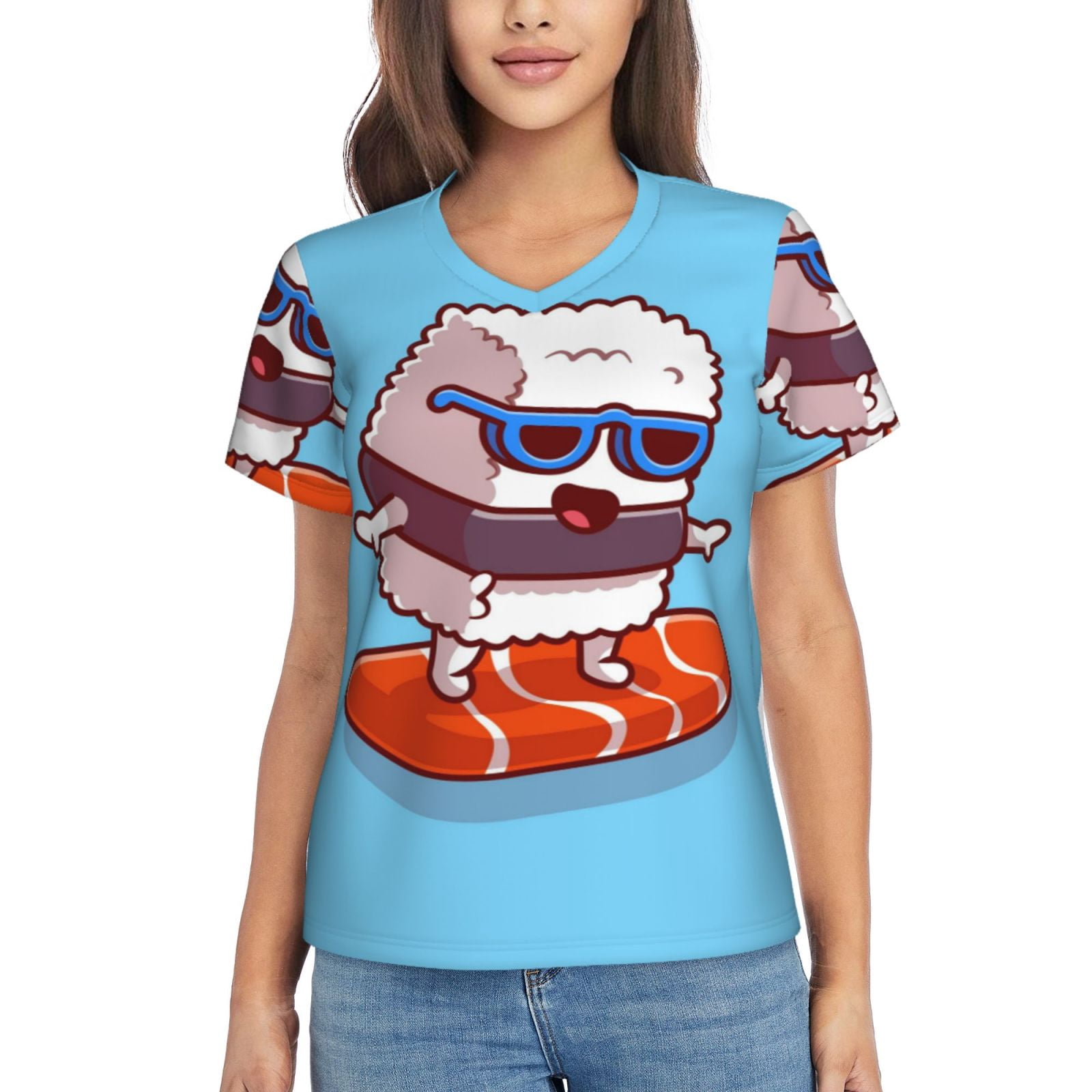 Xecao Sushi Salmon Surfing for Women's V-Neck T-Shirts-Elegant Half-Sleeve Tops Perfect for Summer-3X-Large