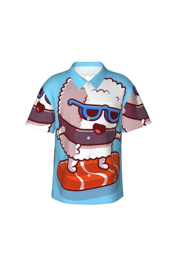 Sushi Salmon Surfing print Hawaiian shirt - a stylish short-sleeve button-down for men, perfect for casual beach and tropical outings.