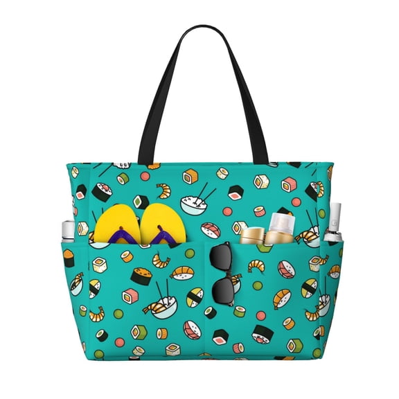Xecao Sushi for versatile beach bag for women includes zipper pockets and waterproof material, ideal for vacations and adventures.