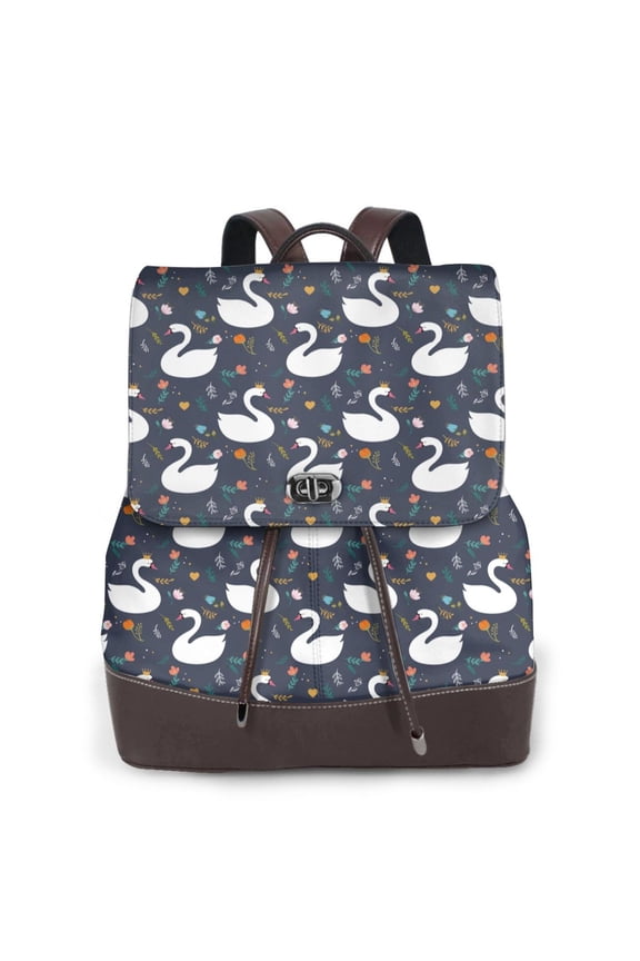 Swan And Flowers1 Print Large Backpack Soft Leather for Women Travel with Compartment, Adjustable Convertible Strap