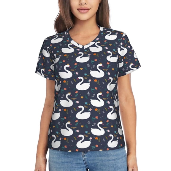 Xecao Swan And Flowers1 for Women's V-Neck T-Shirts-Elegant Half-Sleeve Tops Perfect for Summer-Medium