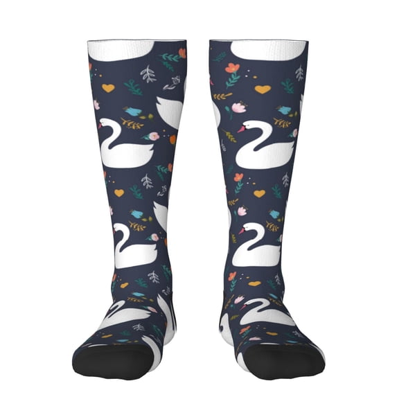 Xecao Swan And Flowers1 print thigh-high socks, crafted for both men and women with a stretchy, high-opaque design perfect for daily wear
