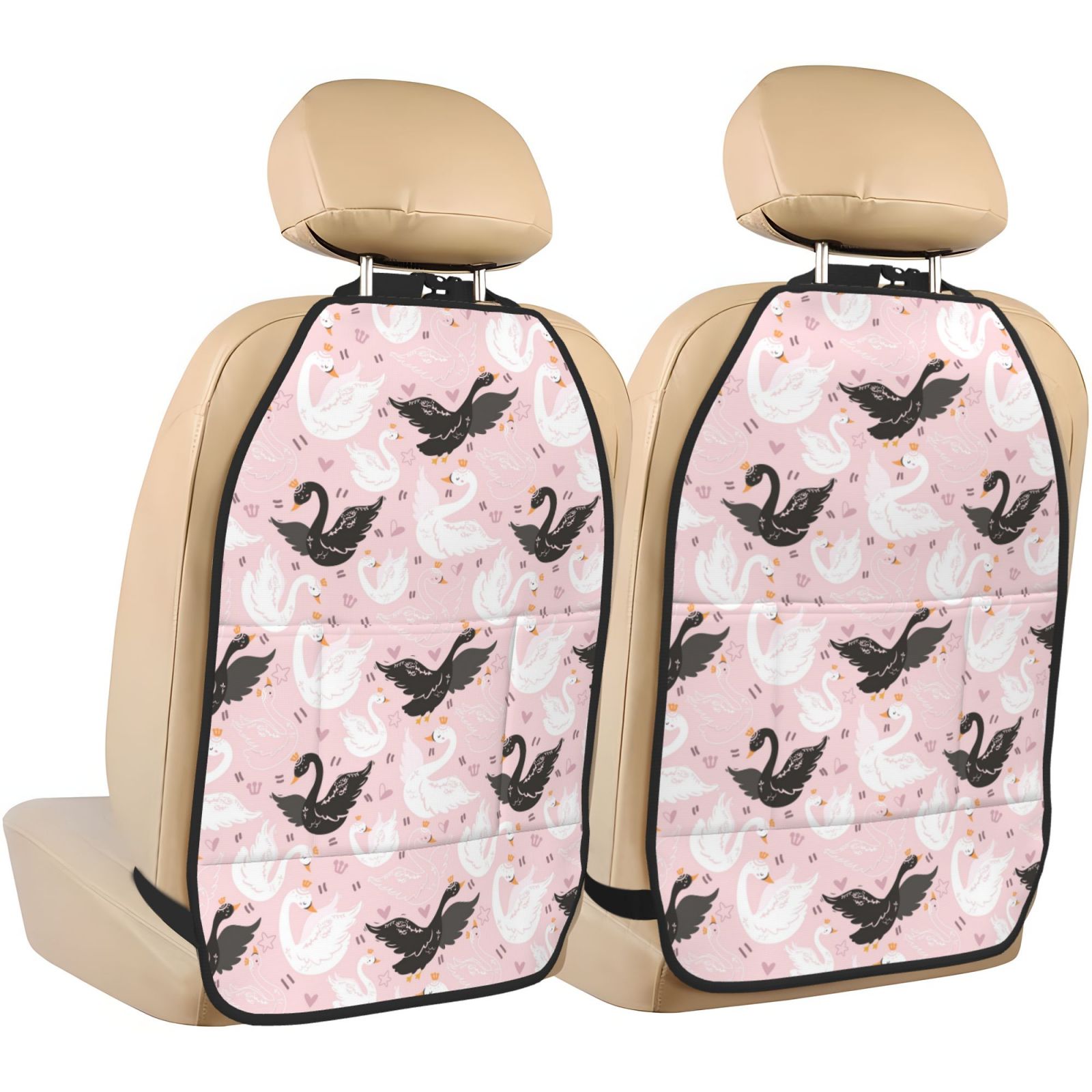Xecao Swan And Flowers2 Pattern Car Seat Back Protector 2 Pack Large Capacity Pocket, Kick Mats Back Seat Protector