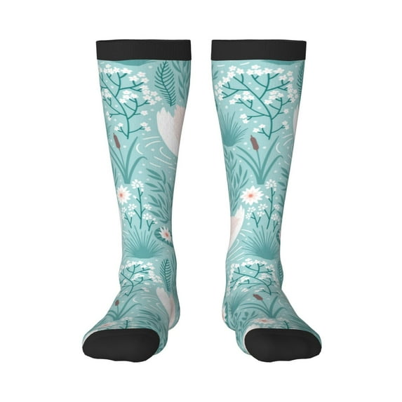Xecao Swan And Flowers4 print thigh-high socks, crafted for both men and women with a stretchy, high-opaque design perfect for daily wear