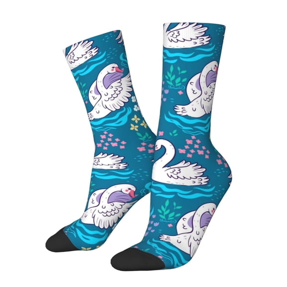 Xecao Swan On The Pond Pattern Sport Socks for Women and Men Crew Socks Sporty Calf Socks Casual Socks