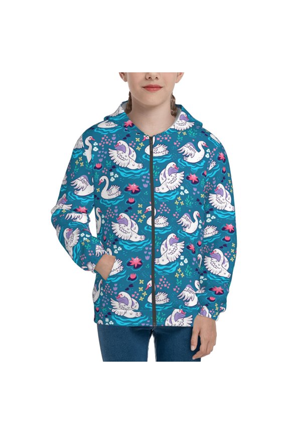 Swan On The Pond Pattern Zip Up Hoodies for Boys Girls, Sweatshirt with Pockets-Medium