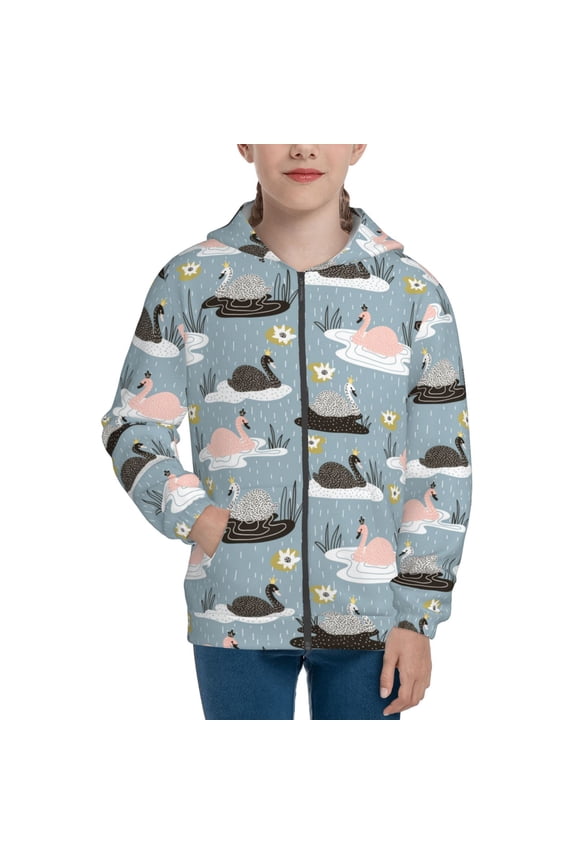 Swan Princess On Lake Pattern Zip Up Hoodies for Boys Girls, Sweatshirt with Pockets-Medium