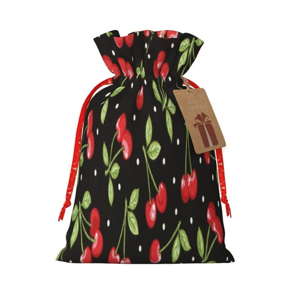 Xecao Sweet Red Cherry Print Burlap Gift Bags with Drawstring and Gift Tags, Gift Bags, Burlap Bags, Jute Bags for Party, Christmas, DIY Craft Bags-Small