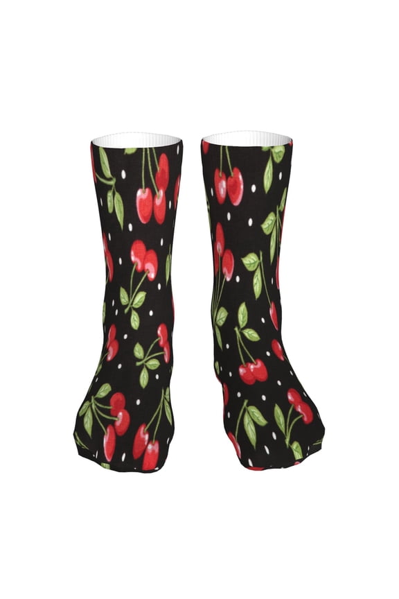 Sweet Red Cherry Print Fashion No Heel Casual Crew Socks Cushioned Breathable for Men Women - Moisture wicking,Not easy to fade Suitable for daily