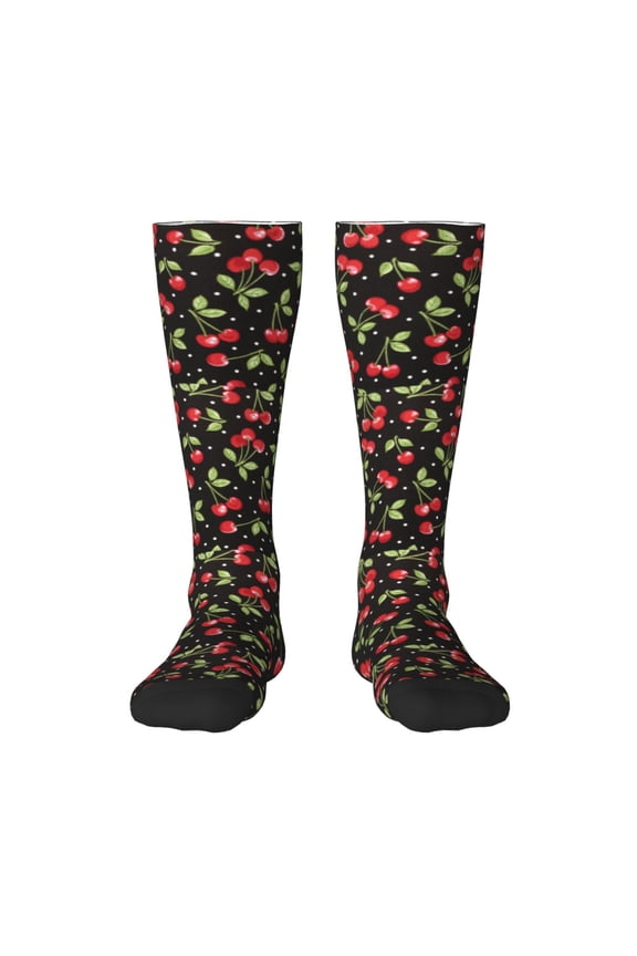 Sweet Red Cherry print thigh-high socks, crafted for both men and women with a stretchy, high-opaque design perfect for daily wear