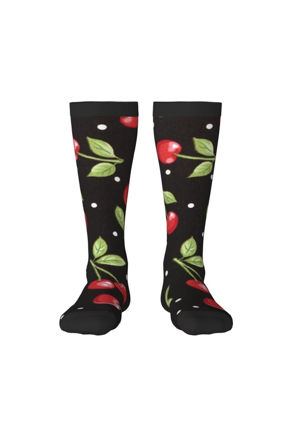 Sweet Red Cherry print thigh-high socks, crafted for both men and women with a stretchy, high-opaque design perfect for daily wear