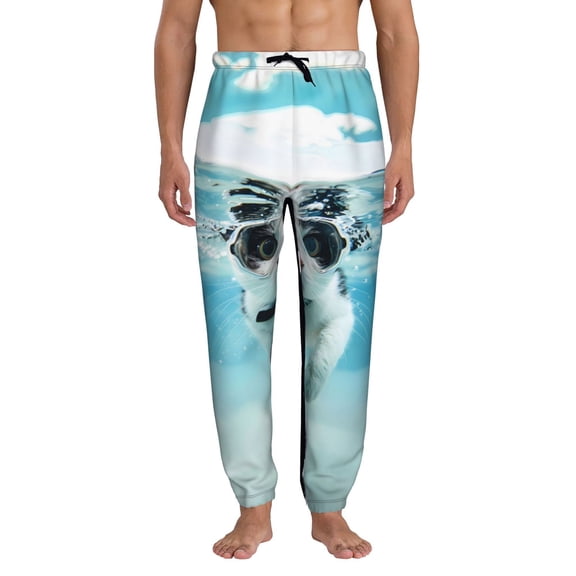 Xecao Swimming Cat Goggles Print Active Tech Joggers for Men, Mens Sweatpants Lounge Pants with Pockets-Large