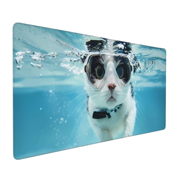 Xecao Swimming Cat Goggles Print Large Mouse Pad, 16x35.5in Mousepad, Professional Non-Slip Rubber Base Big Mouse Pad, Mouse Pad for Gaming & Office Full Desk Mouse Pad