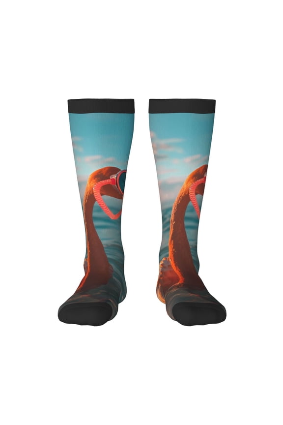 Swimming Goggled Flamingo print thigh-high socks, crafted for both men and women with a stretchy, high-opaque design perfect for daily wear