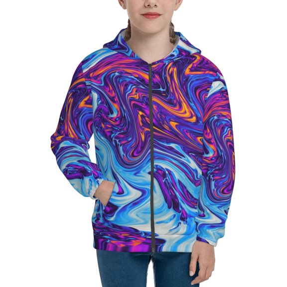 Xecao Swirl Print Blue Purple Pattern Zip Up Hoodies for Boys Girls, Sweatshirt with Pockets-Small