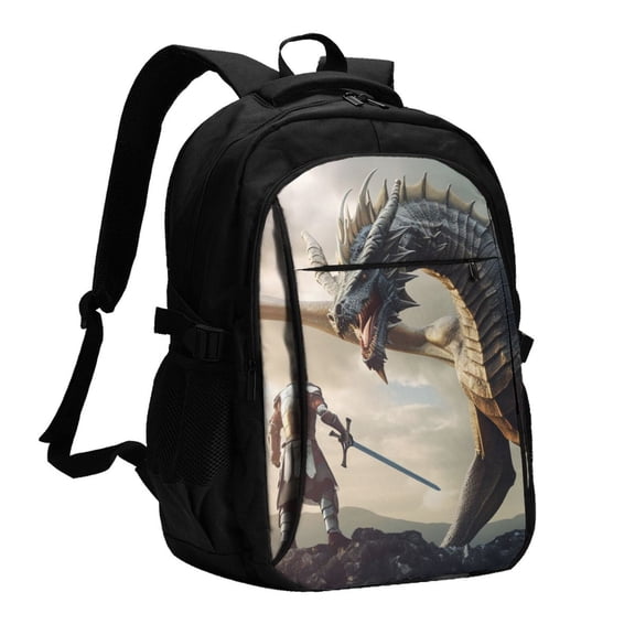 Xecao Swordsman Cool Dragon for Travel Laptop Backpack, USB-Charging-Enabled, Spacious Business Backpack for Men and Women,College School Computer Bag